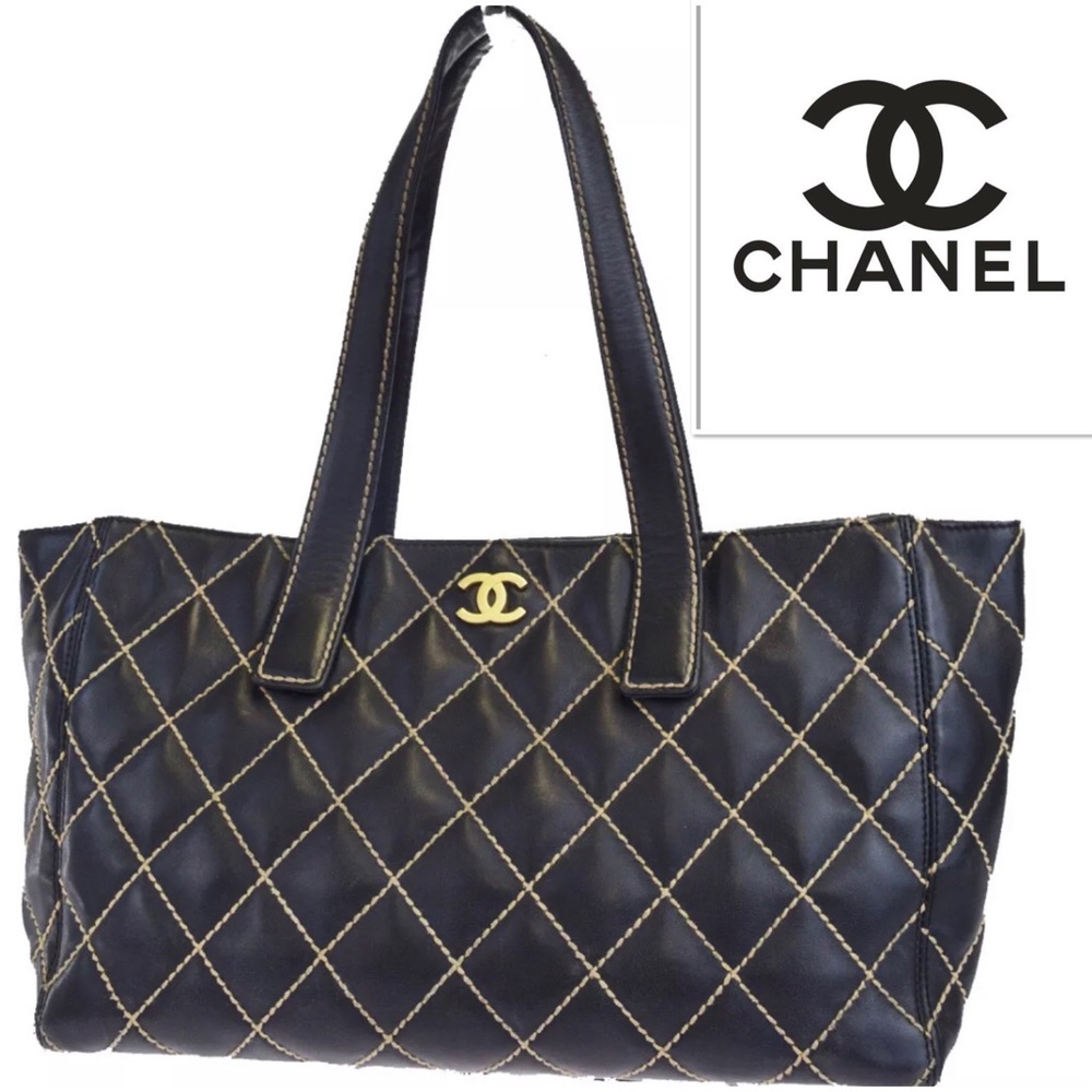 👜CHANEL CC Tote Black Wild Stitch Quilted Leather